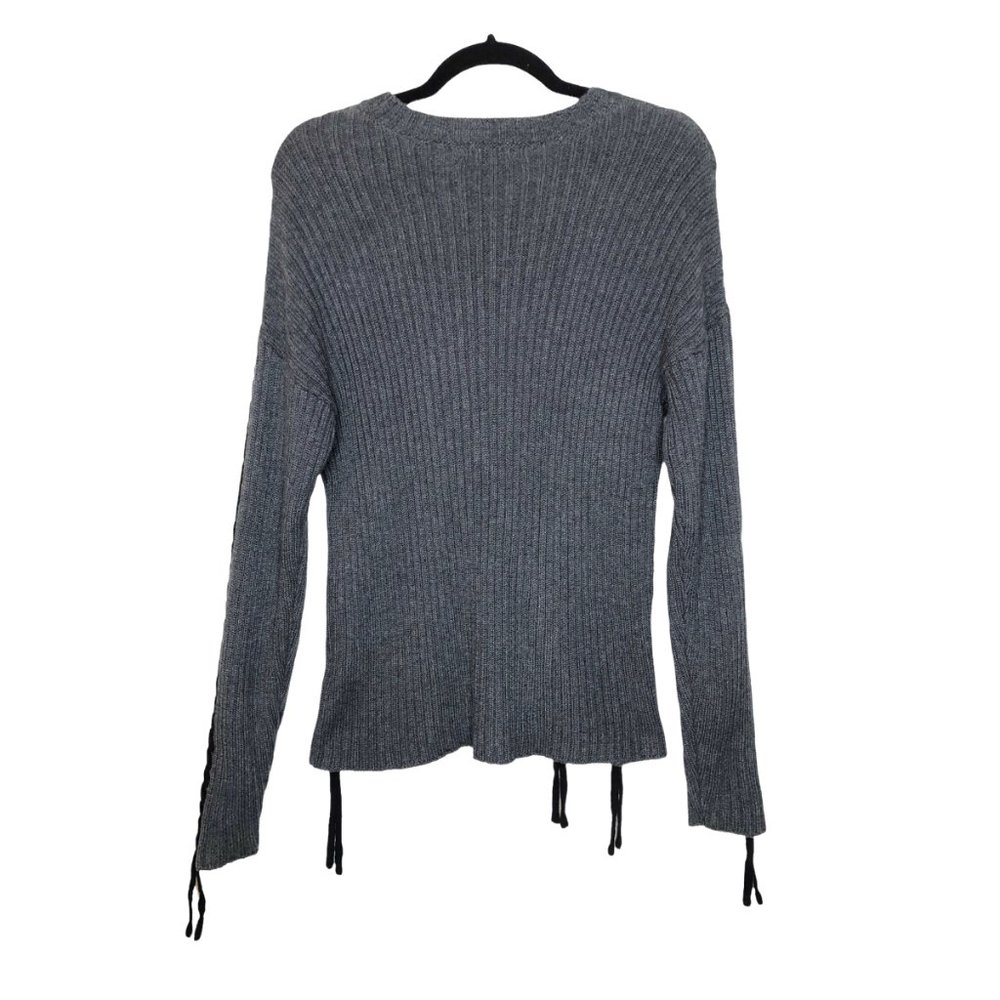 Kathie K Gray Ribbed Sweater Black Lace Up Detail Long Sleeve Round Neck Size M - Picture 7 of 7